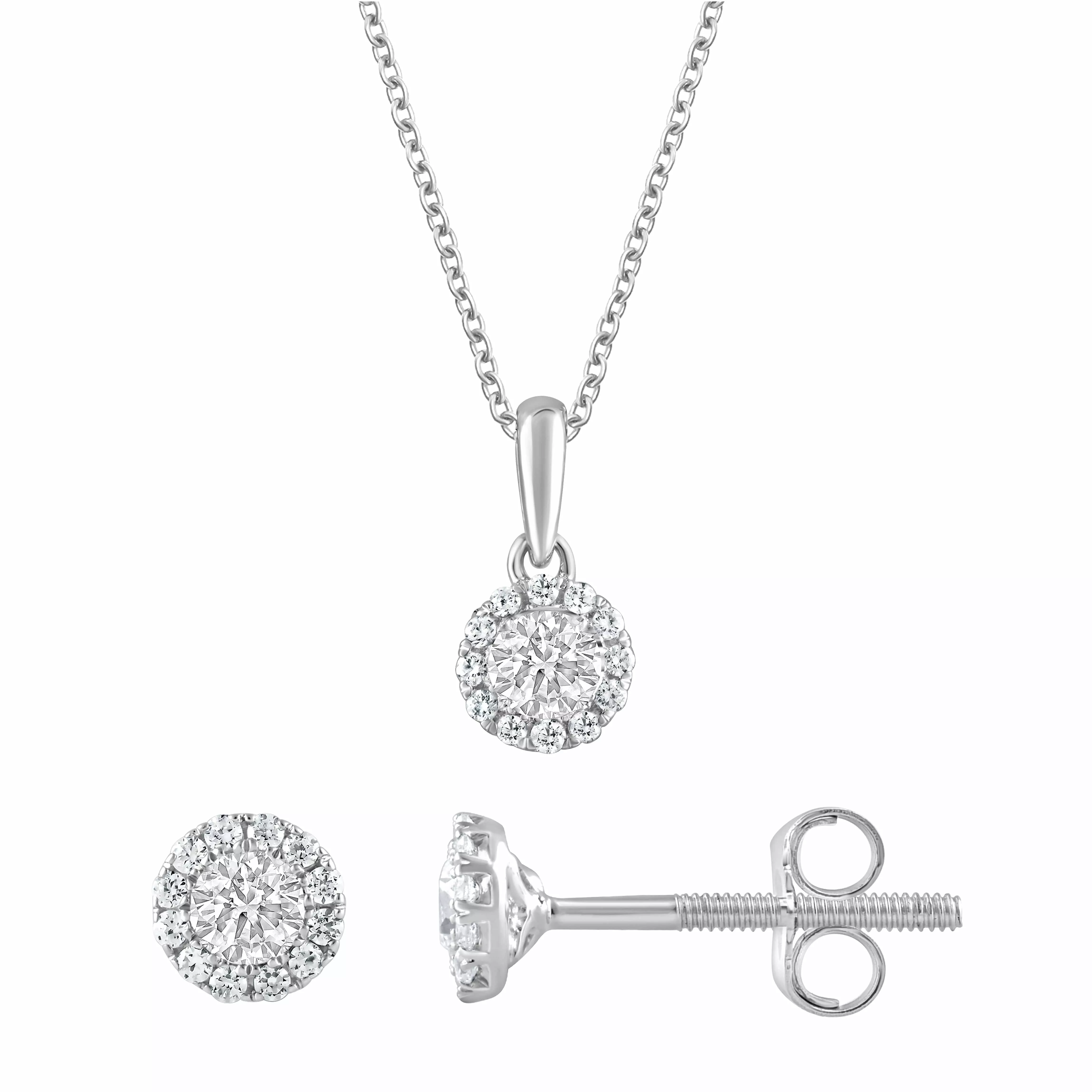 0.50 Carat Lab Grown Sterling Silver Diamond Halo Necklace And Earrings Set