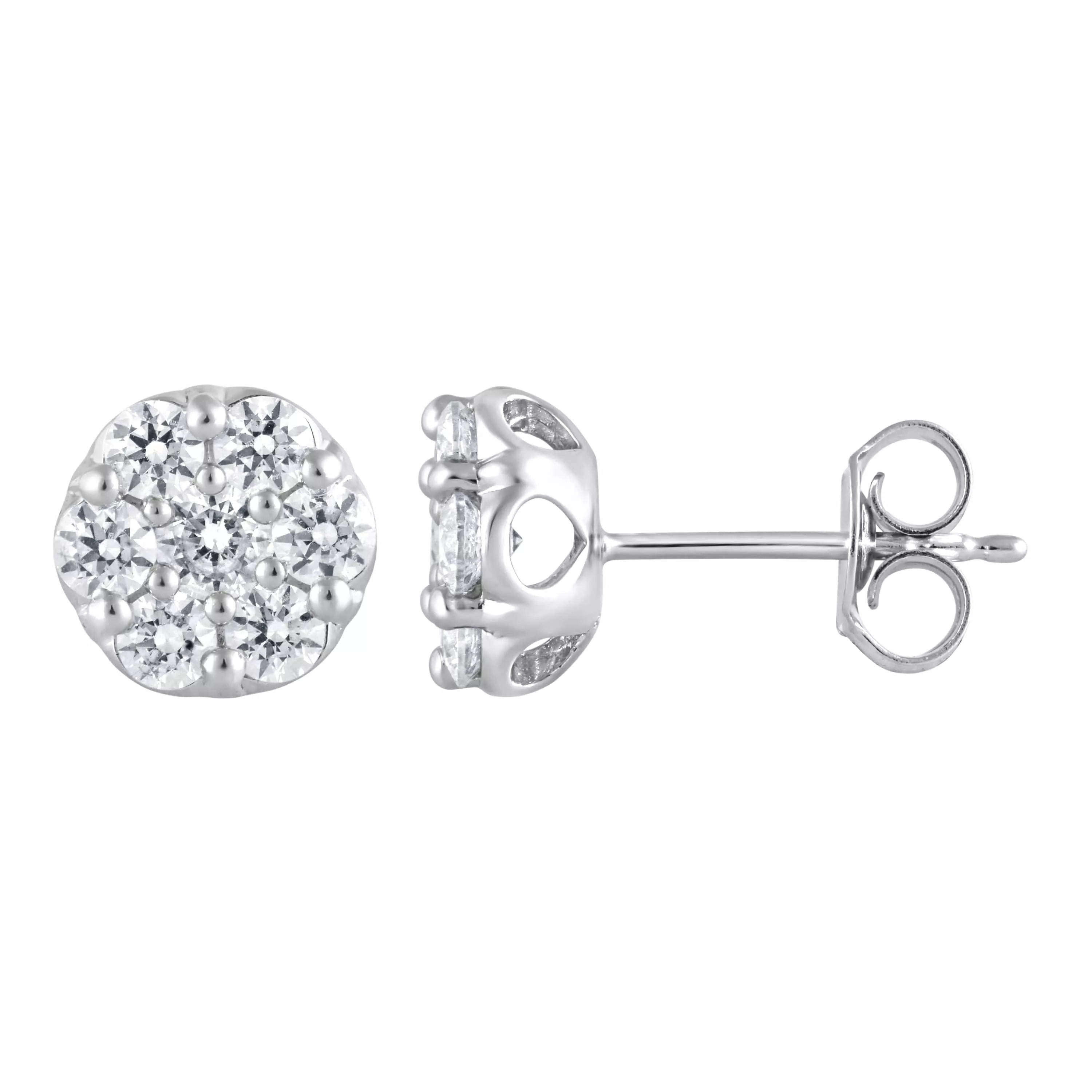 1 Carat Round Cut Lab Grown Cluster Diamond Stud Earrings In Sterling Silver