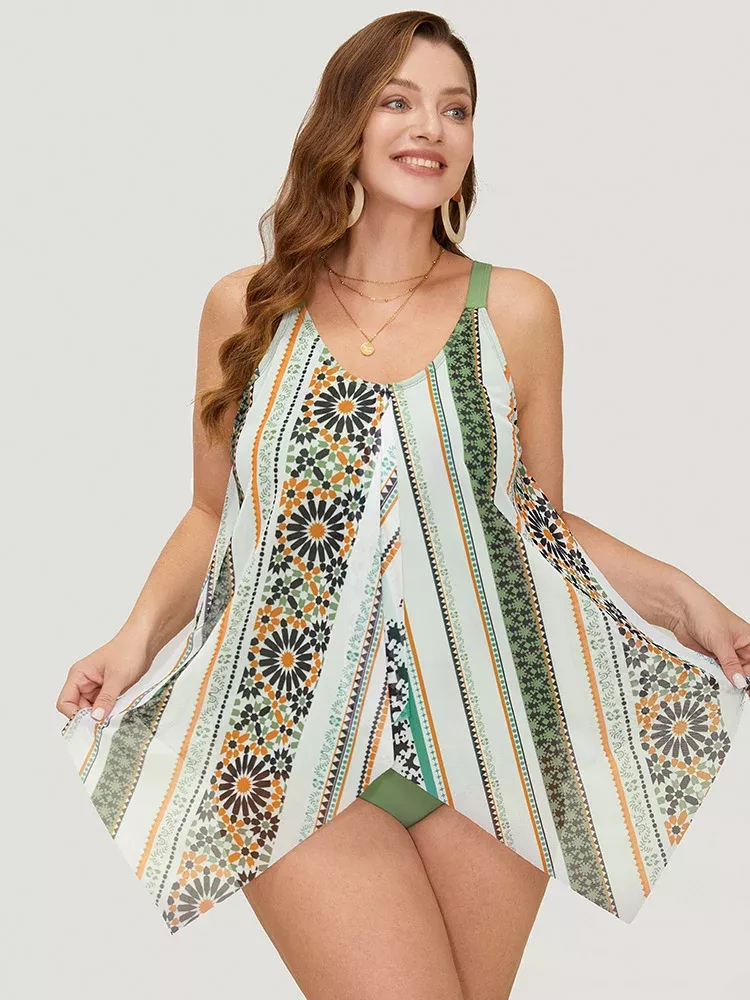 Bandana Print Split Hanky Hem One Piece Swimsuit