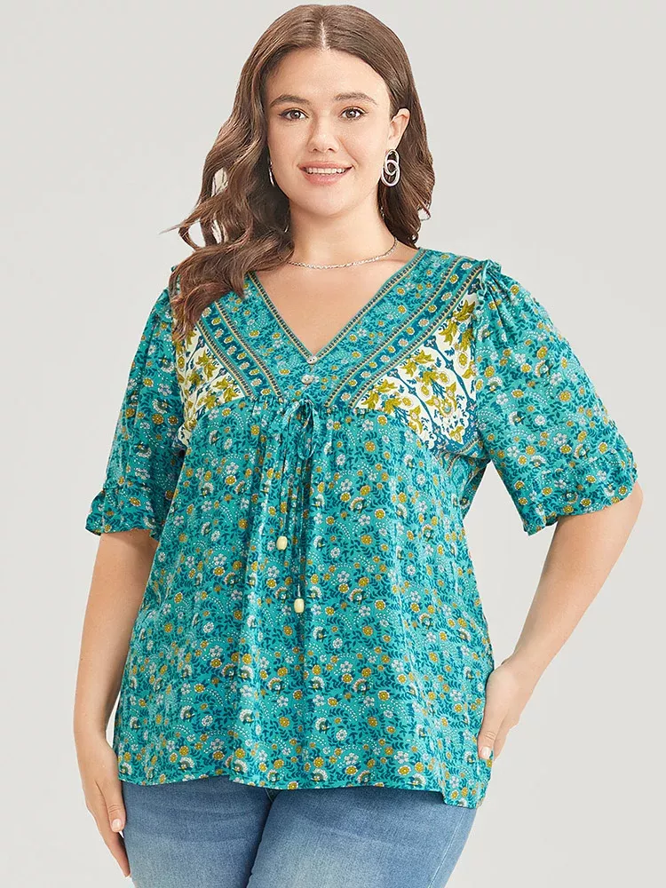 Bandana Ruffle Trim Knot Front Button Detail Blouse