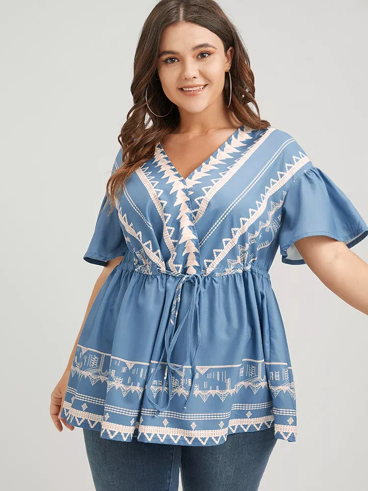 Bandana Ruffles Button Flutter Ties Wrap Blouse