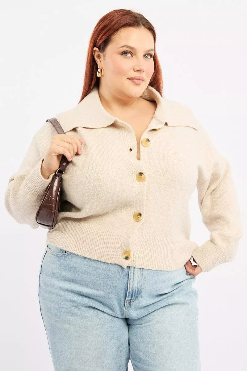 Beige Collar Knit Cardigan Long Sleeve