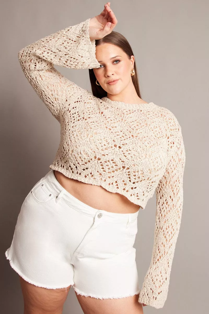 Beige Crochet Knit Top Long Sleeve Crew Neck