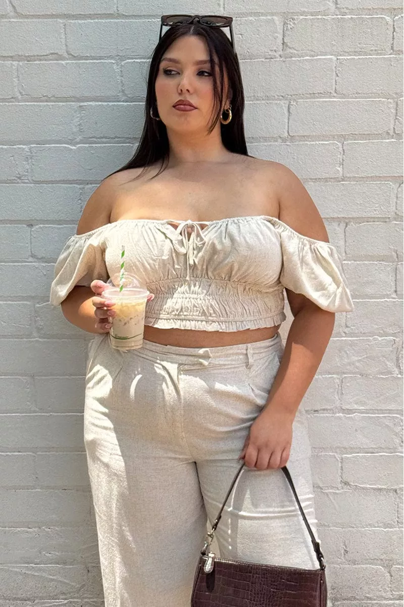 Beige Crop Top Short Sleeve Ruched Bust Linen Blend