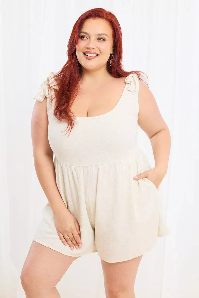 Beige Playsuit Sleeveless Tie Shoulder Linen Blend
