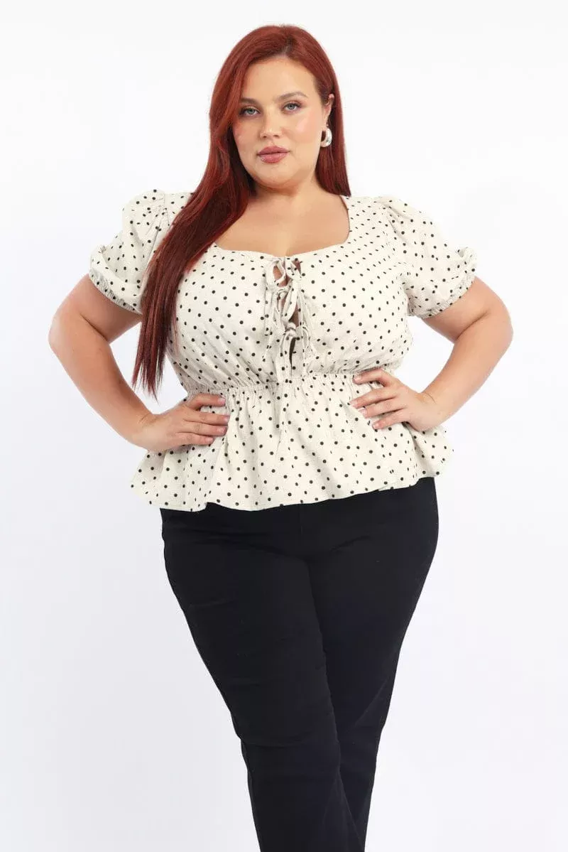Beige Polka Dot Tie Front Peplum Top Linen Blend