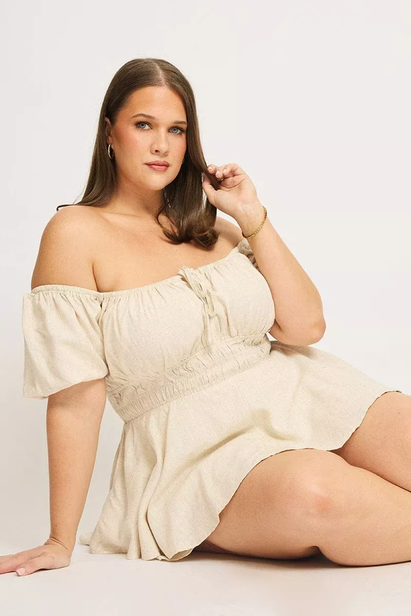 Beige Ruffle Playsuit Short Sleeve Ruched Bust