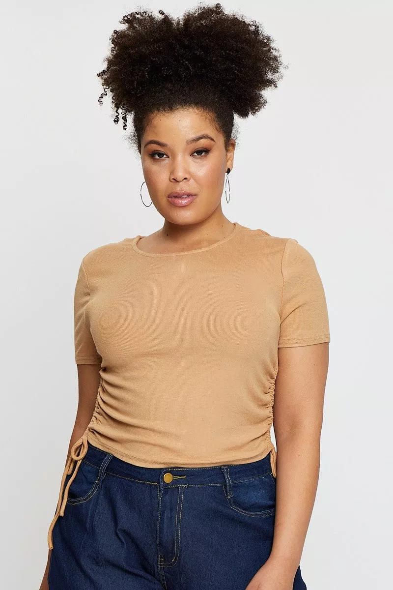 Beige Short Sleeve Oatmeal Drawstring Side Top