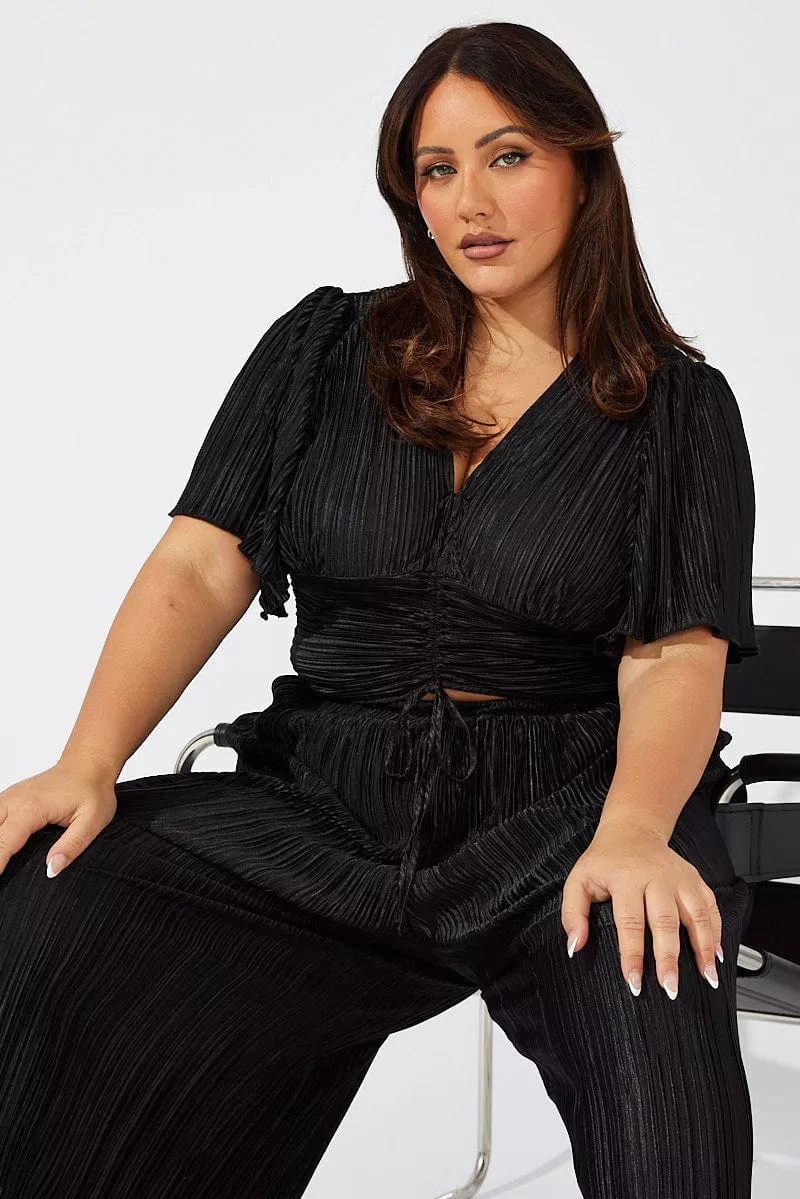 Black Crop Top Short Sleeve Ruched Front Plisse