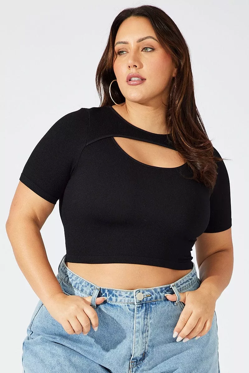 Black Cut Out Top Short Sleeve Crew Neck Seamless