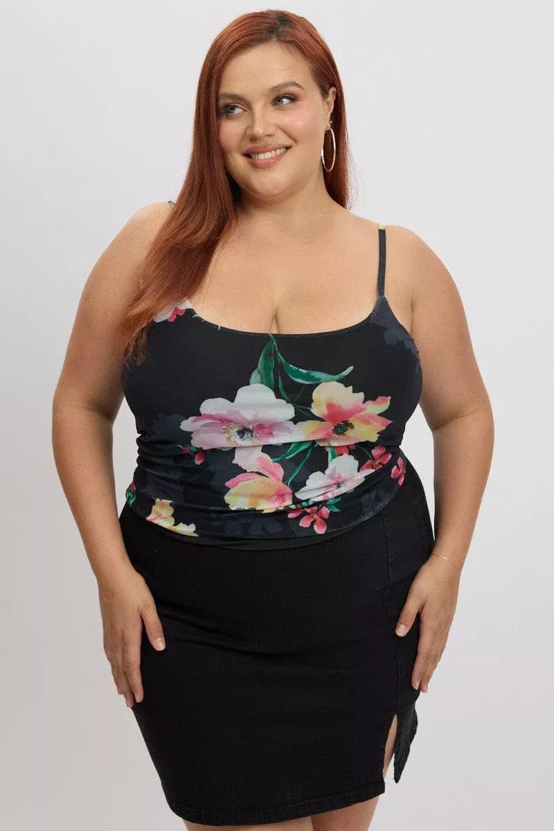Black Floral Cami Top Sleeveless Mesh