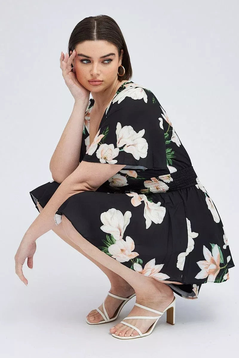 Black Floral Tie Front Playsuit Short Sleeve