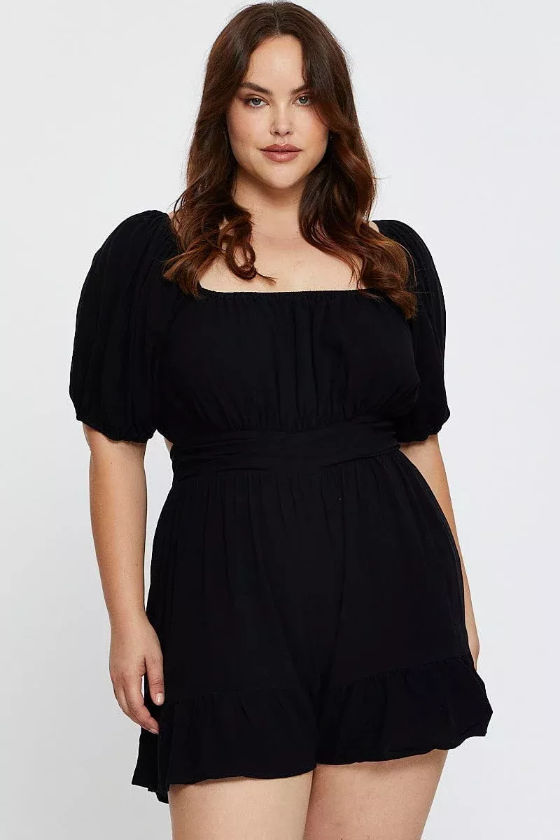 Black Playsuit Puff Sleeve Square Neck Ruffle Hem