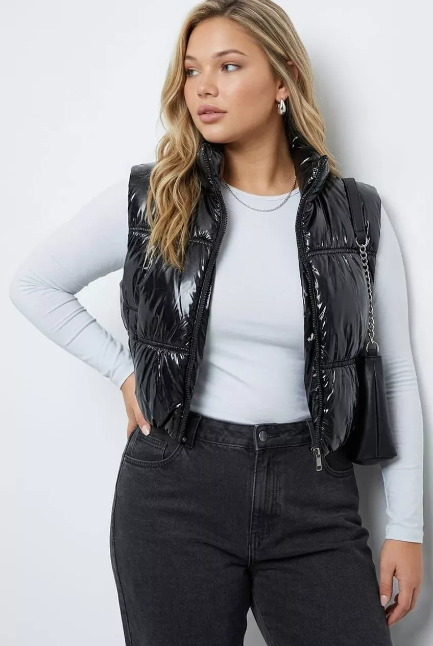 Black Puffer Vest Sleeveless Shiny Crop