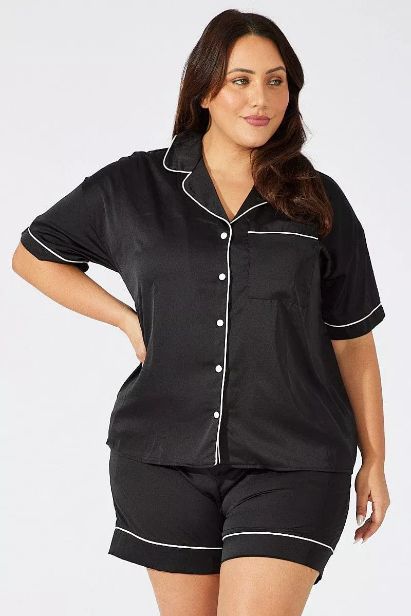 Black Satin Pyjamas Set Short Sleeve