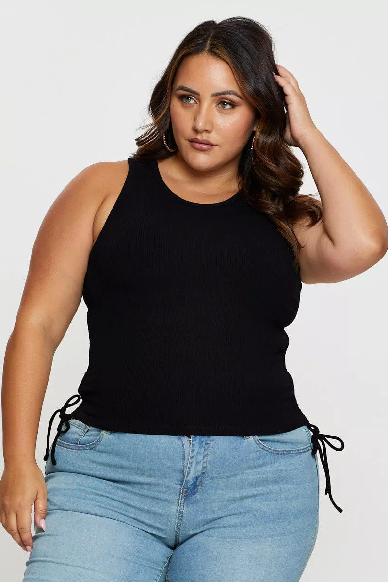 Black Tank Top Crew Neck Sleeveless Rib Drawstring