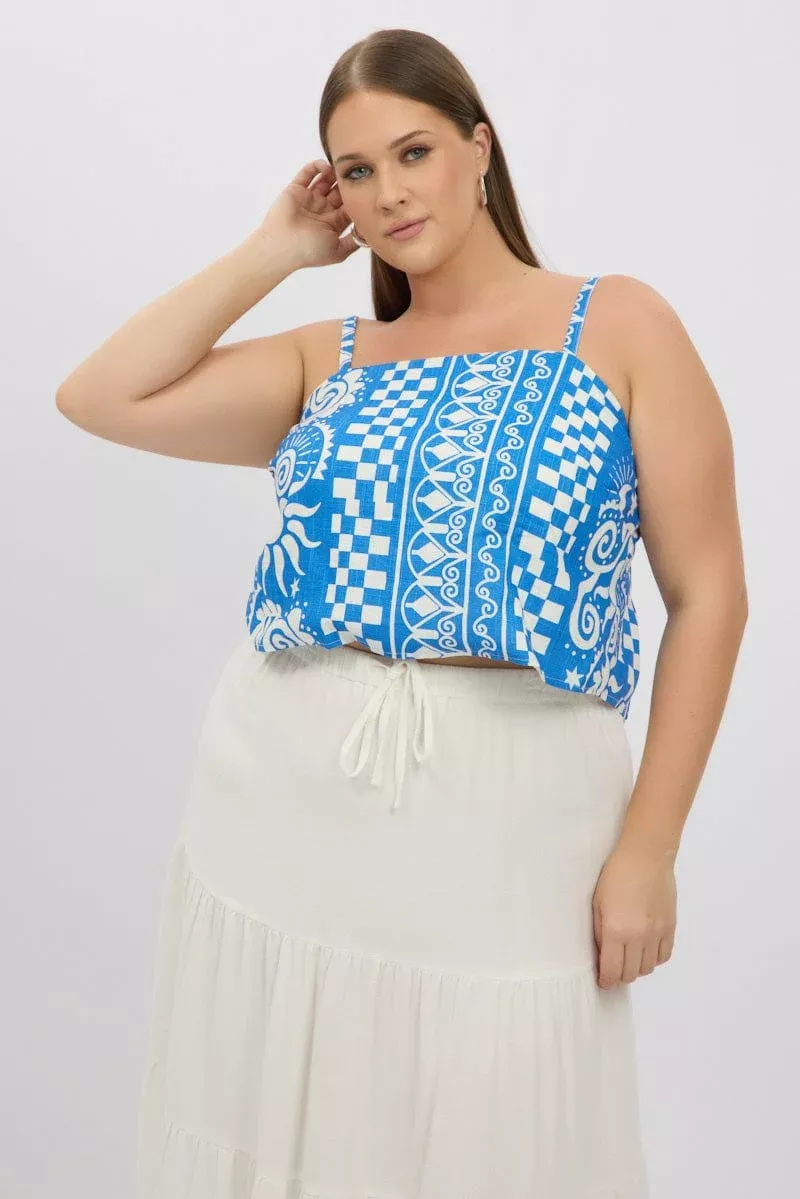 Blue Abstract Cami Crop Top Linen Blend