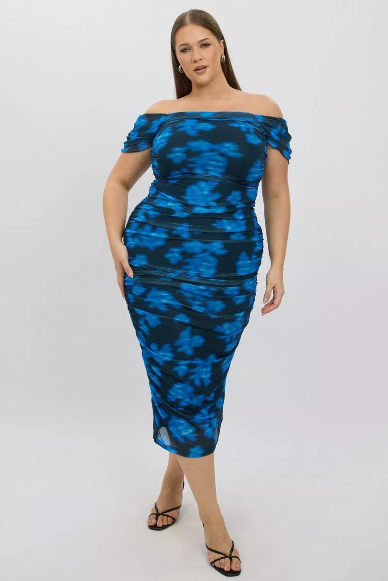 Blue Abstract Midi Dress Off Shoulder Ruched Mesh