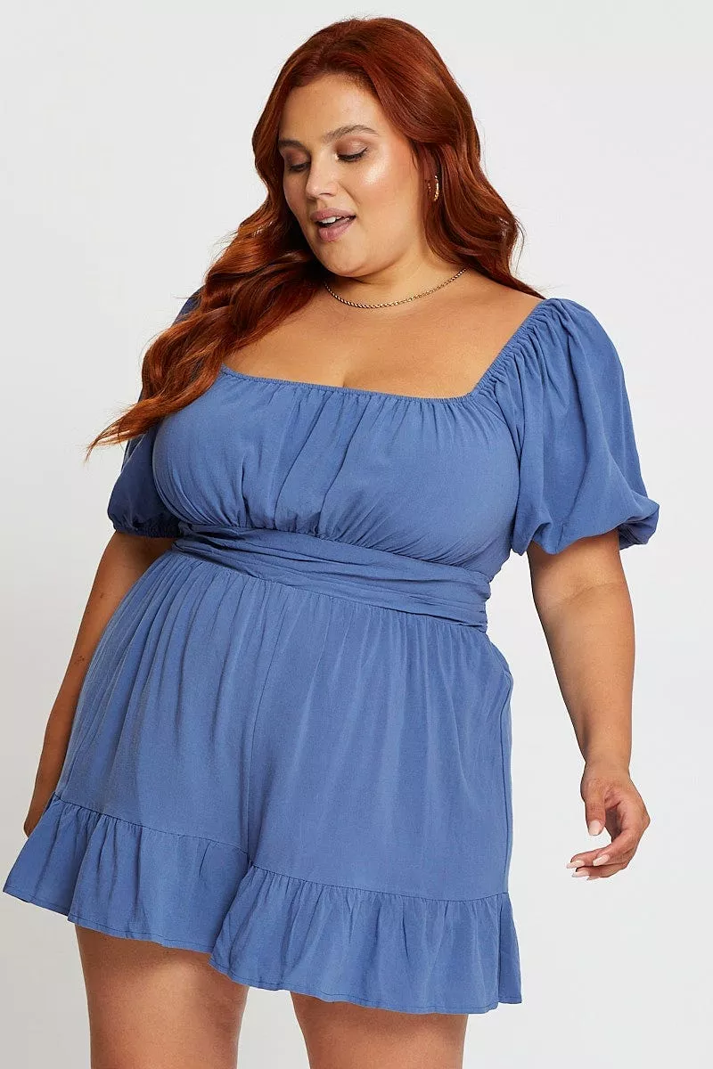 Blue Playsuit Puff Sleeve Square Neck Ruffle Hem