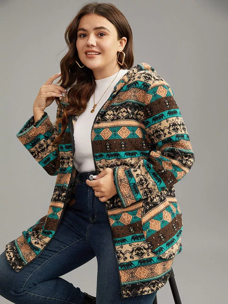 Boho Print Zipper Pocket Hooded Coat