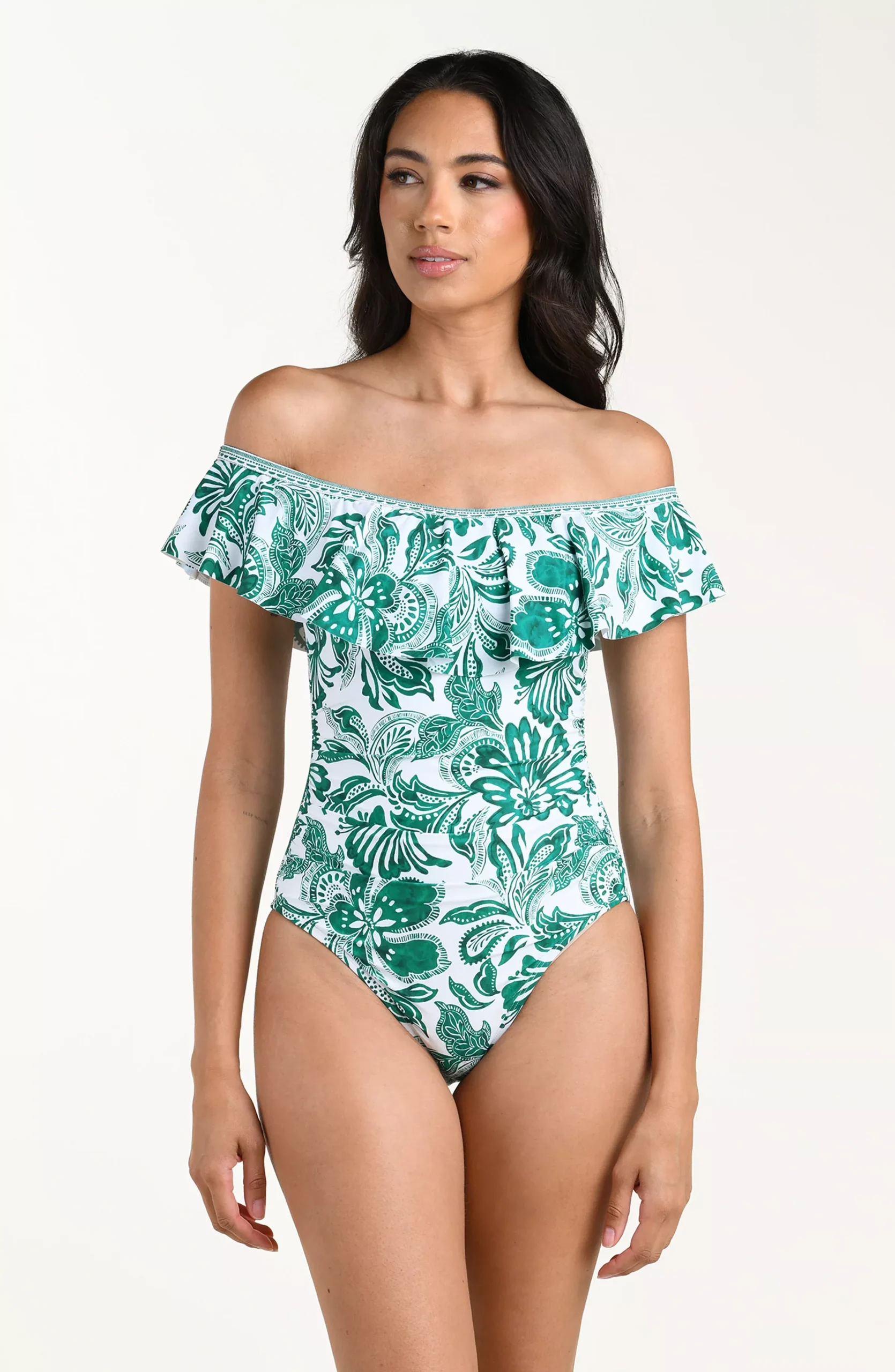 Botanical Brocade Off Shoulder Ruffle One Piece