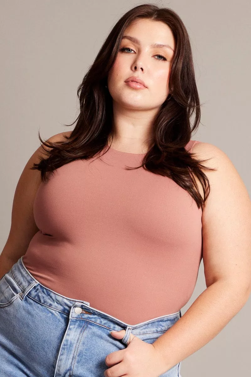 Brown Bodysuit Sleeveless Crew Neck