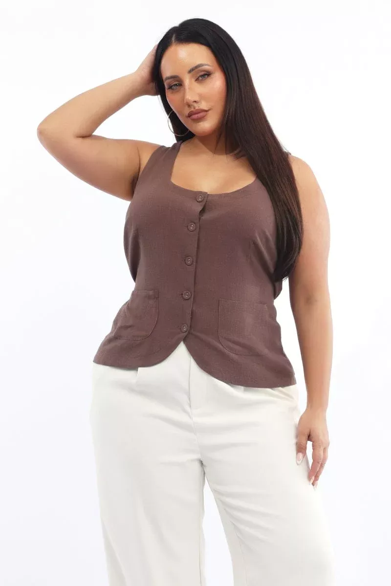 Brown Scoop Neck Linen Blend Tie Back Vest