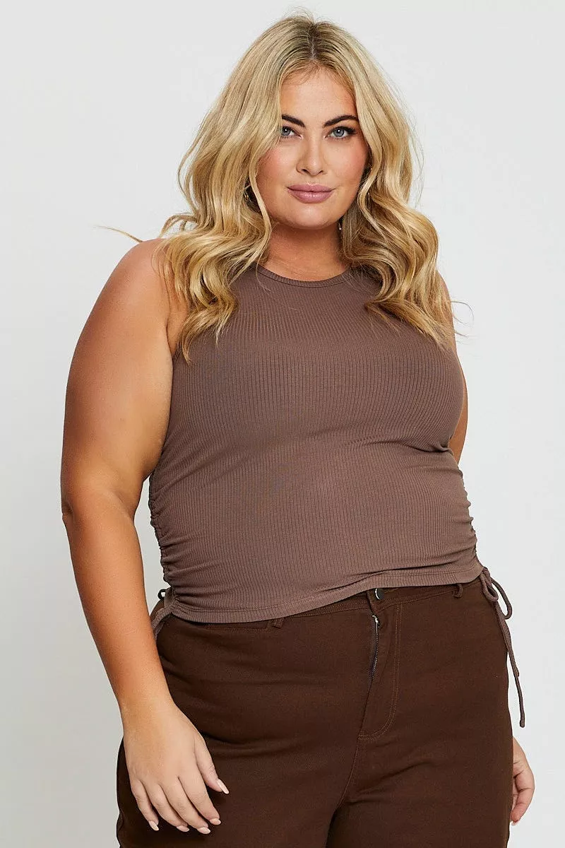 Brown Sleeveless Rib Jersey Drawstring Top