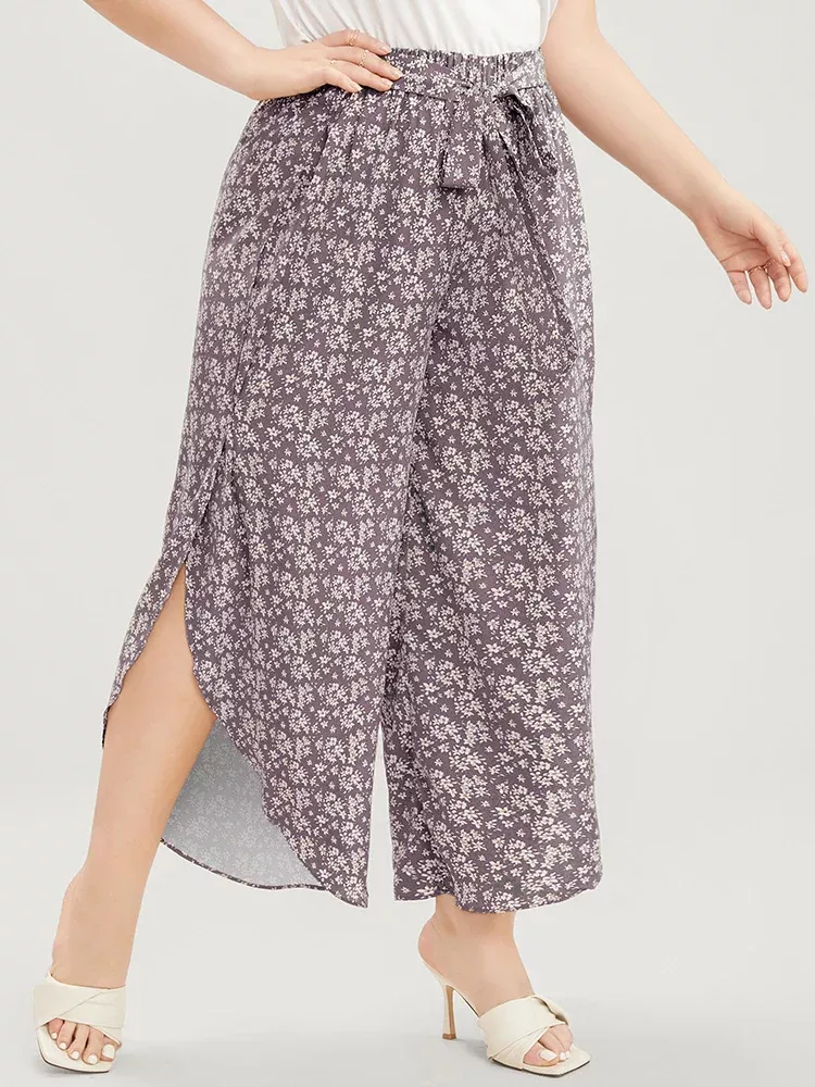 Ditsy Floral Knotted Front Elastic Waist Split Pants