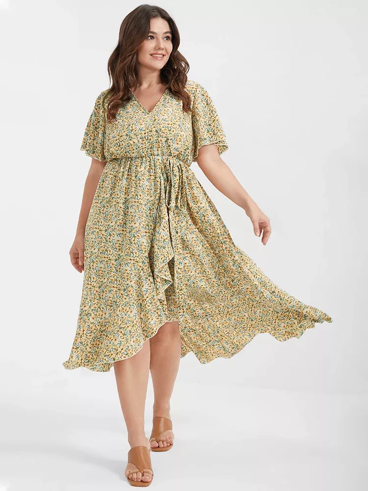 Ditsy Floral Ruffles Ties Split V Neck Dress