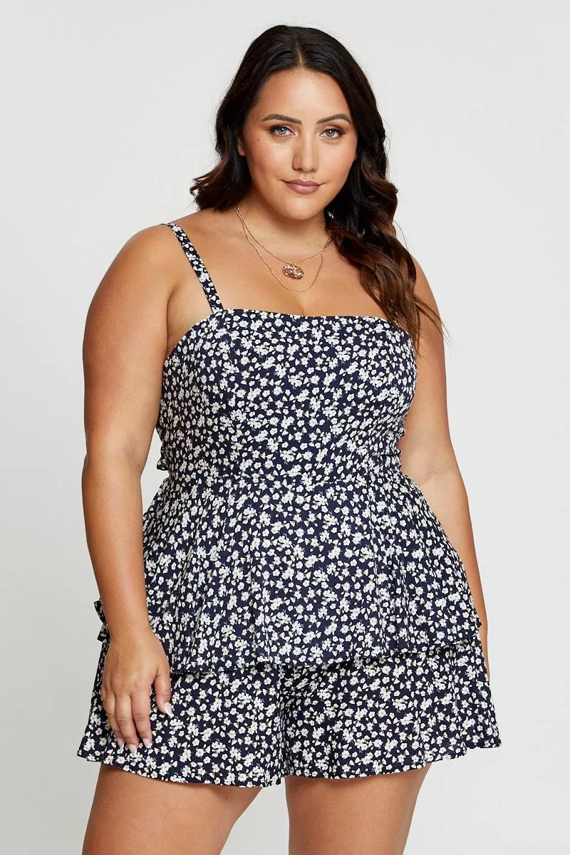 Ditsy Print Tie Playsuit Square Neck