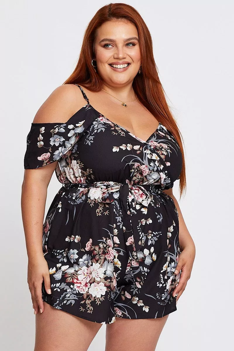 Floral Print Playsuit Cold Shoulder Short Sleeve