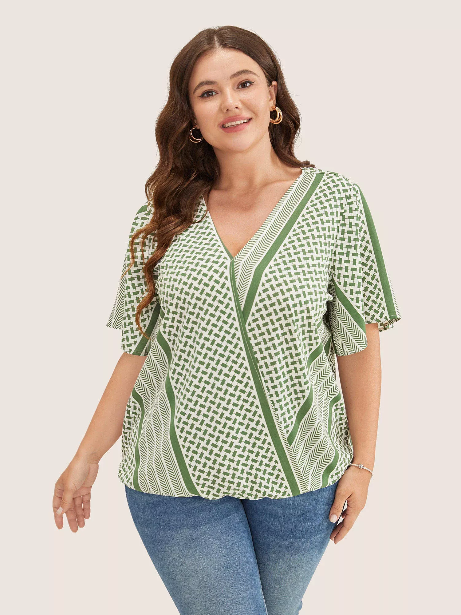 Geometric Contrast Ruffle Sleeve Wrap Blouse