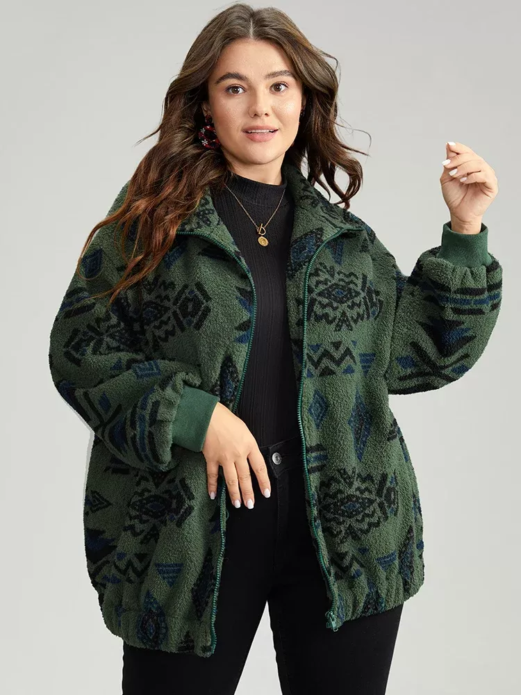 Geometric Pocket Gathered Zipper Coat