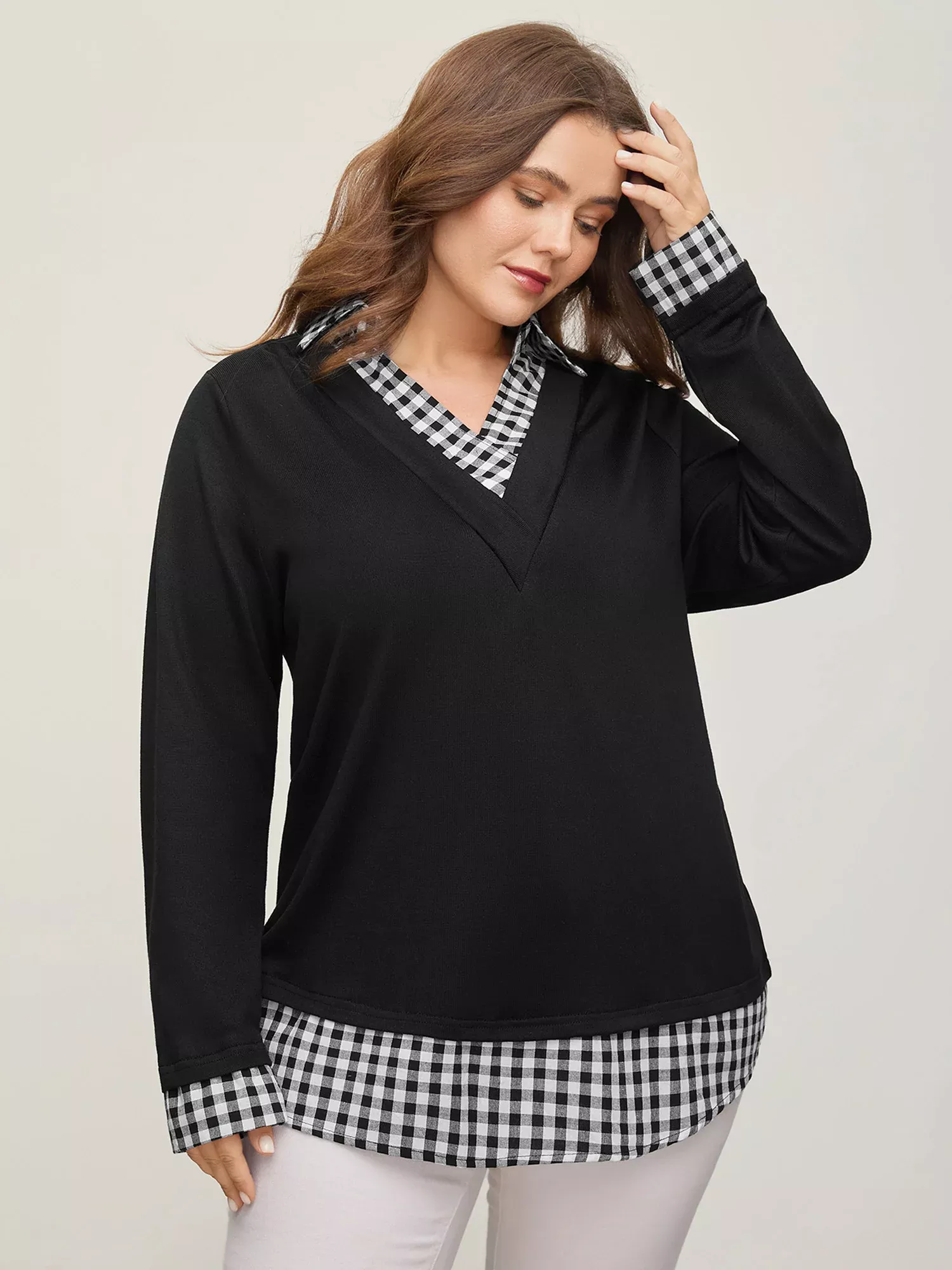 Gingham Patchwork Shirt Collar Arc Hem Sweatshirt