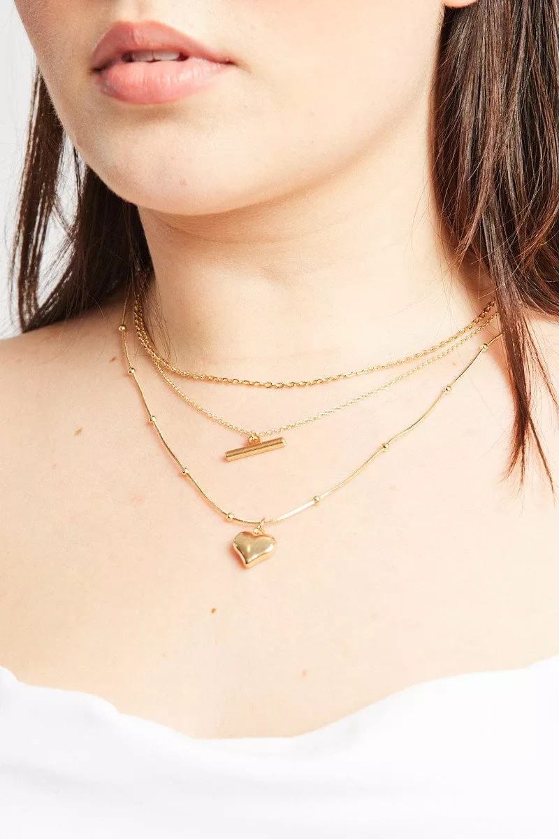 Gold 3 Pack Necklaces Heart Pendent