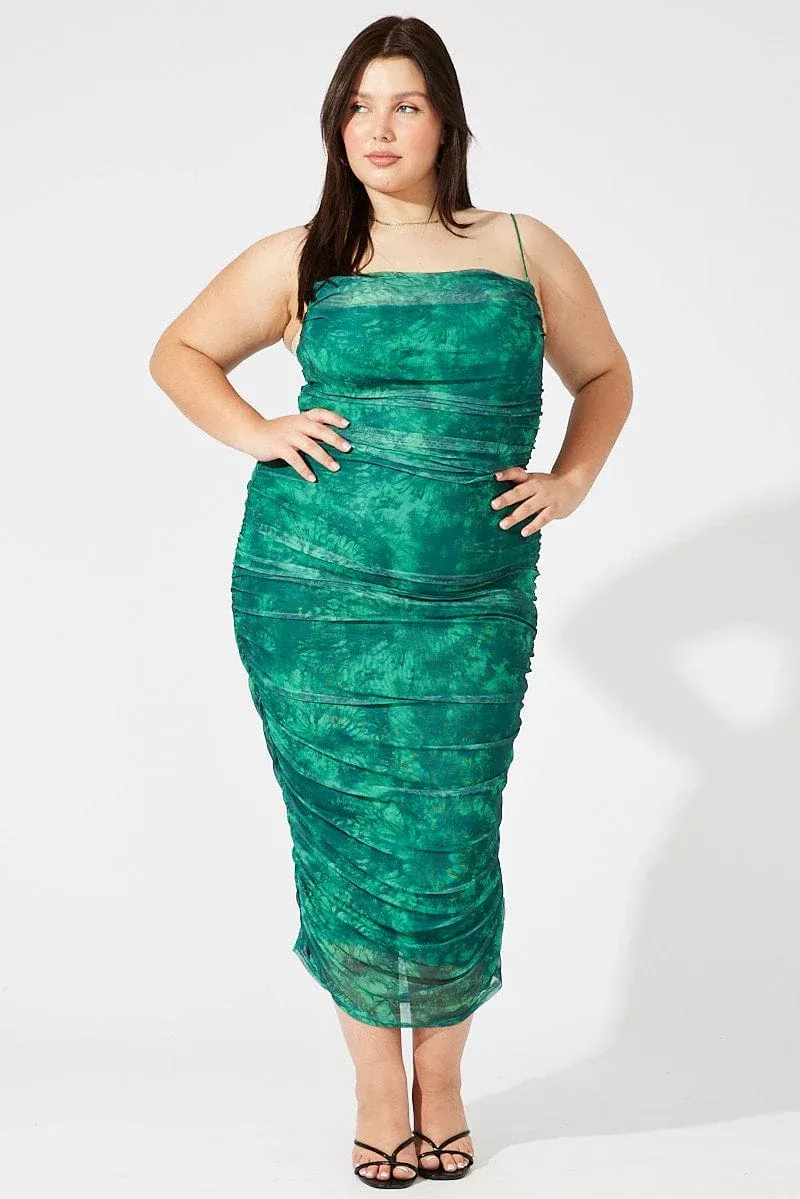 Green Abstract Ruched Mesh Midi Dress