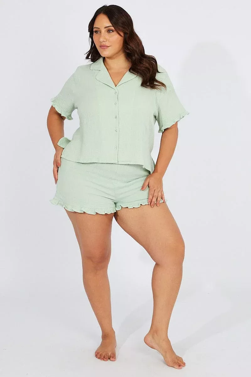 Green Ruffle Pj Button Through Textured Pyjama Set