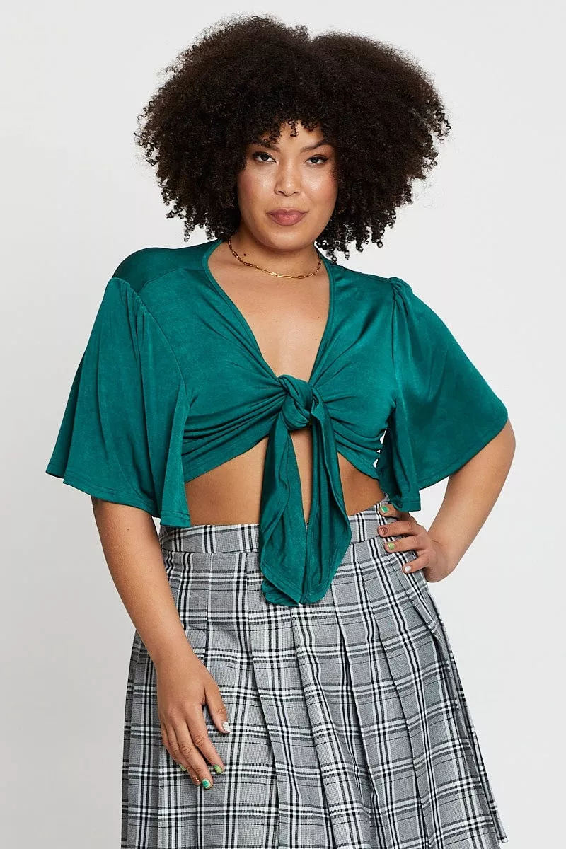 Green Short Flare Sleeve Front Tie Crop Top