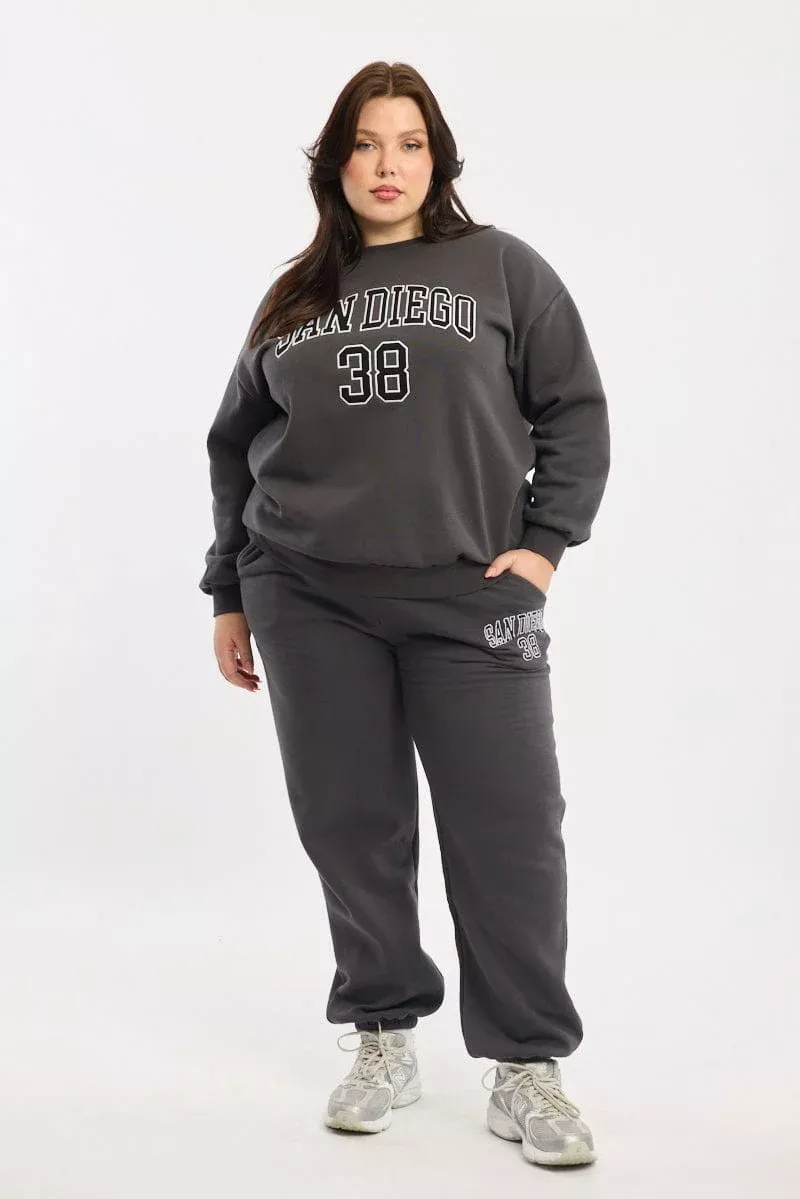 Grey Drawstring Waist Elastic Cuff Track Pants