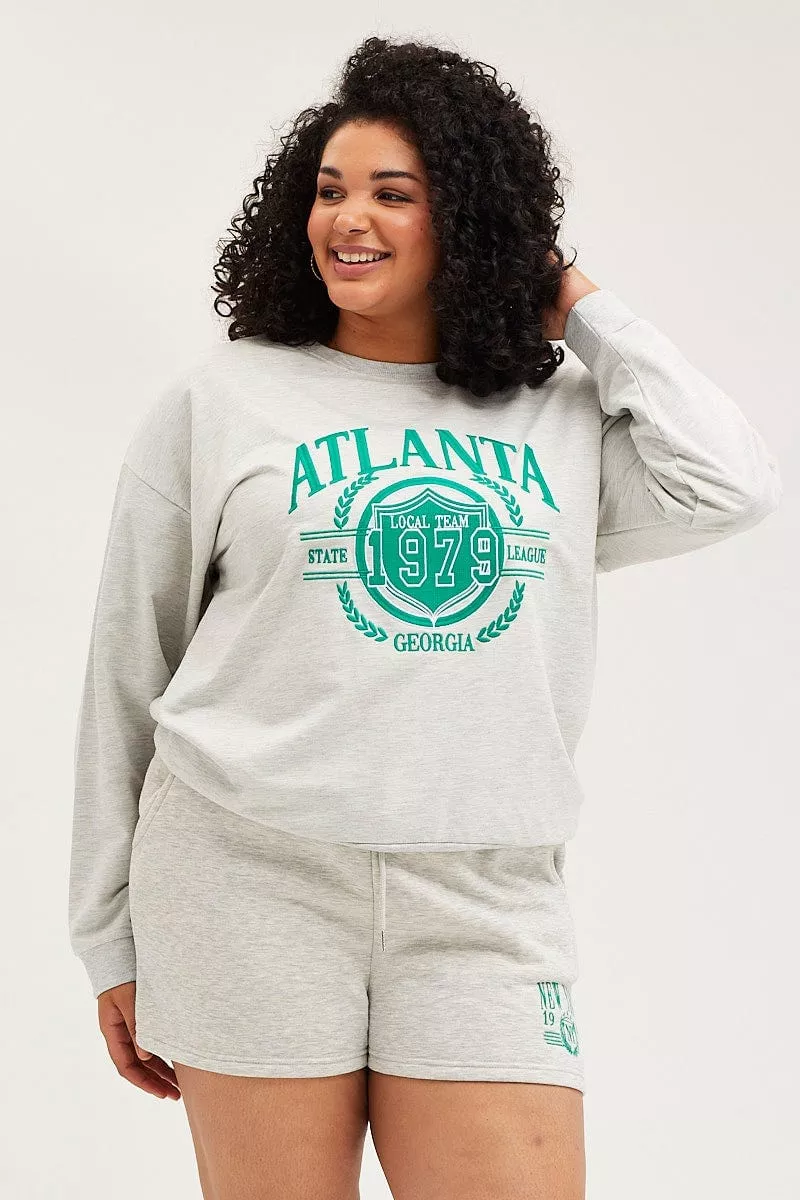 Grey Emboridered Sweatshirt Long Sleeve Fleece