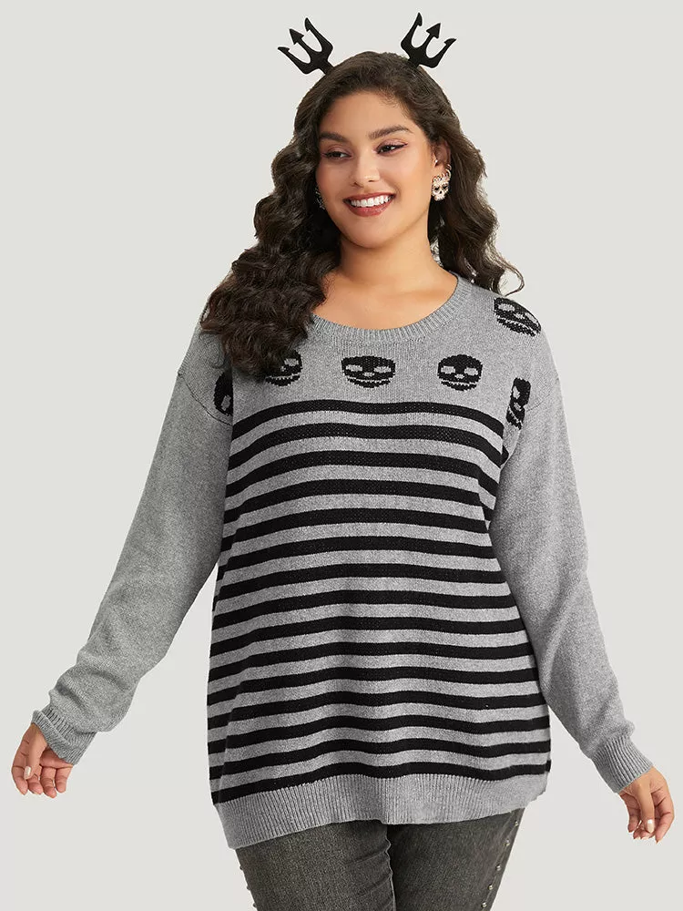 Halloween Supersoft Essentials Skull Print Striped Round Neck Pullover