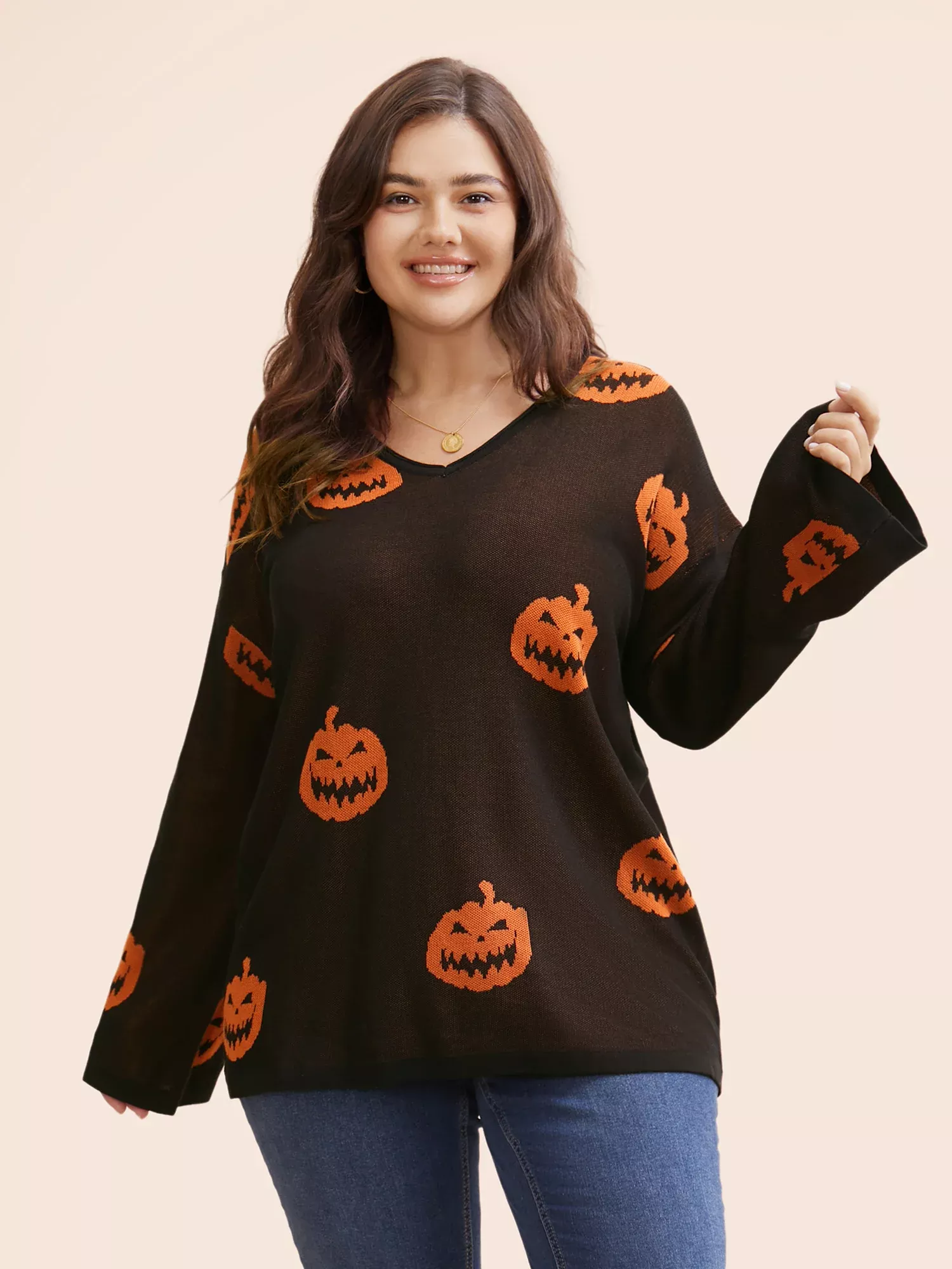 Halloween V Neck Bell Sleeve Pullover