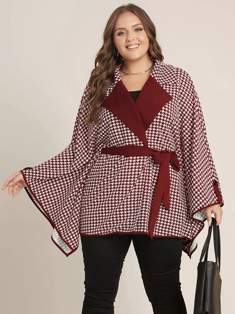 Houndstooth Flared Sleeve Suit Collar Belted Kimono