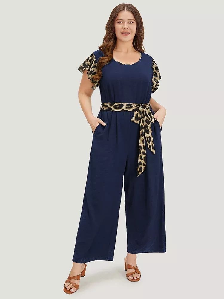 Leopard Patchwork Pocket Belted Ruffle Sleeve Jumpsuit