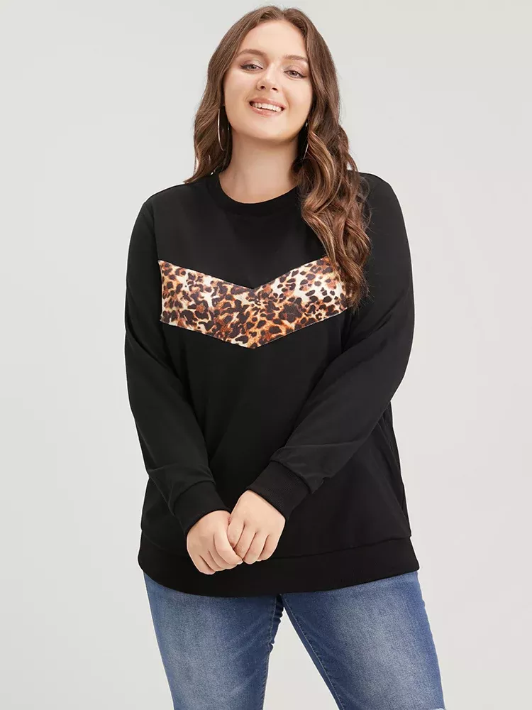 Leopard Patchwork Round Neck Drop Shoulder Sweatshirt