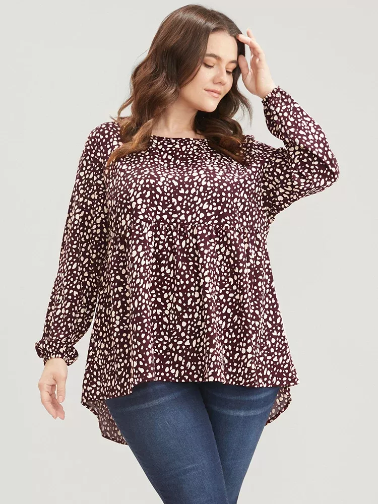 Leopard Print High Low Hem Round Neck Blouse