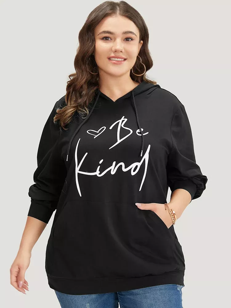 Letter Print Pocket Drawstring Hooded Sweatshirt