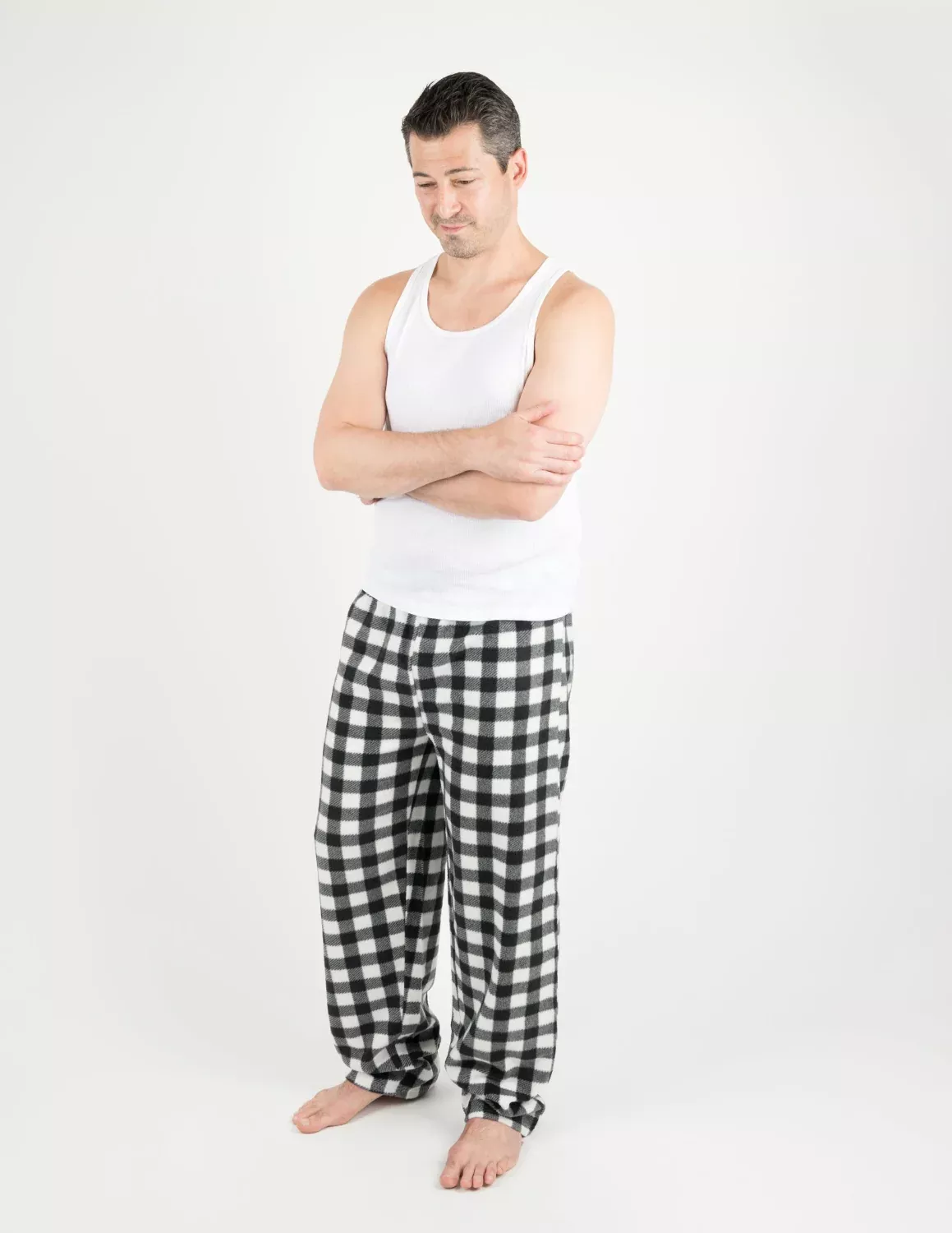 Mens Black & White Plaid Fleece Pants