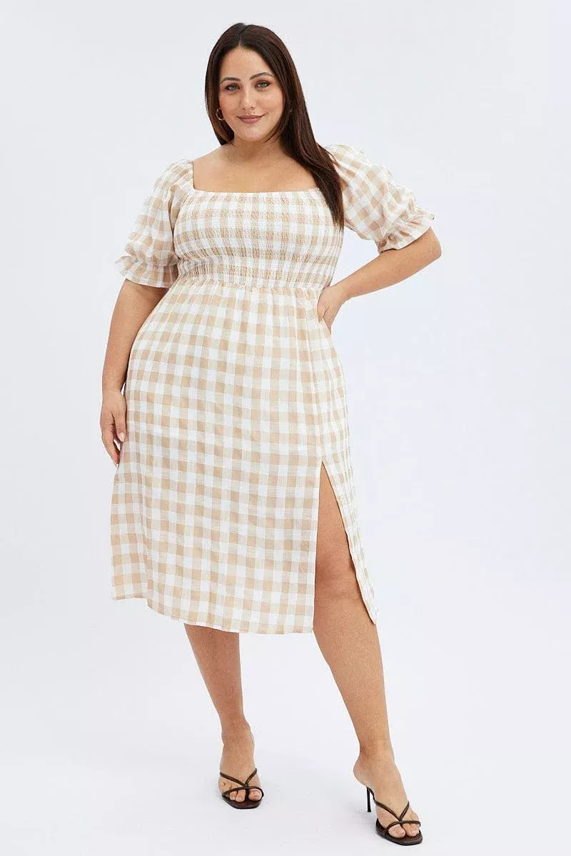 Nude Check Midi Dress Split Front Large Gingham Check